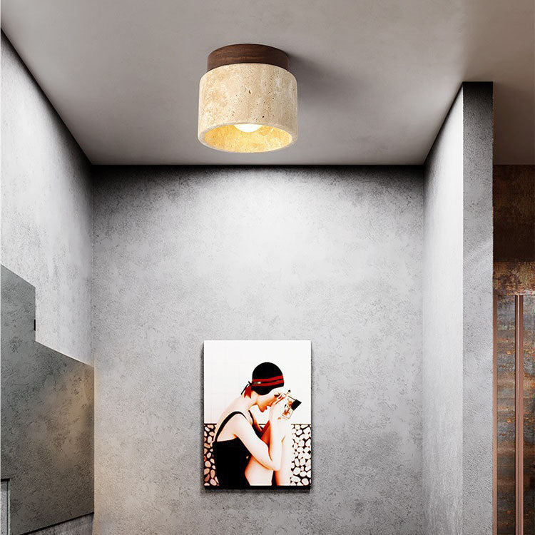 Modern Minimalist Yellow Travertine Cylinder Oval Dish Semi-Flush Mount Light for Living Room
