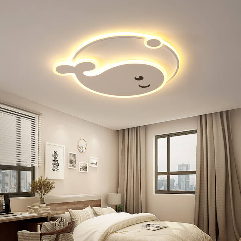 Creative Cartoon Dolphin Moon LED Kids Flush Mount Ceiling Light for Child’s Bedroom, Nursery Lighting, Whale Design Ceiling Fixture, Playful Ocean Theme, Adjustable Brightness, Energy-Efficient, Cute Kids Room Decor, Unique Playroom Lighting, Safe for Ki