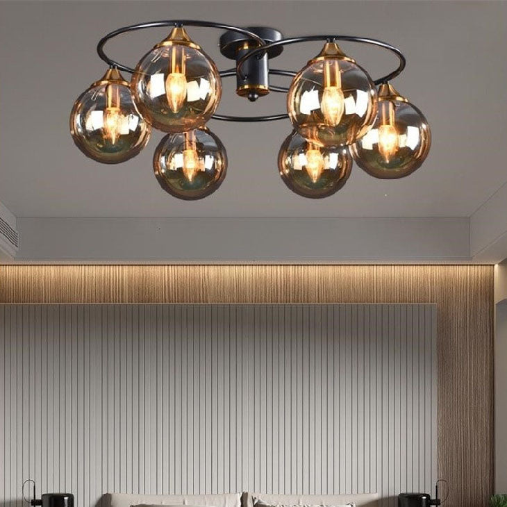 Mid-Century Iron Frame Magic Bean Glass Shade Semi-Flush Mount Ceiling Light 4/6-Light for Living Room