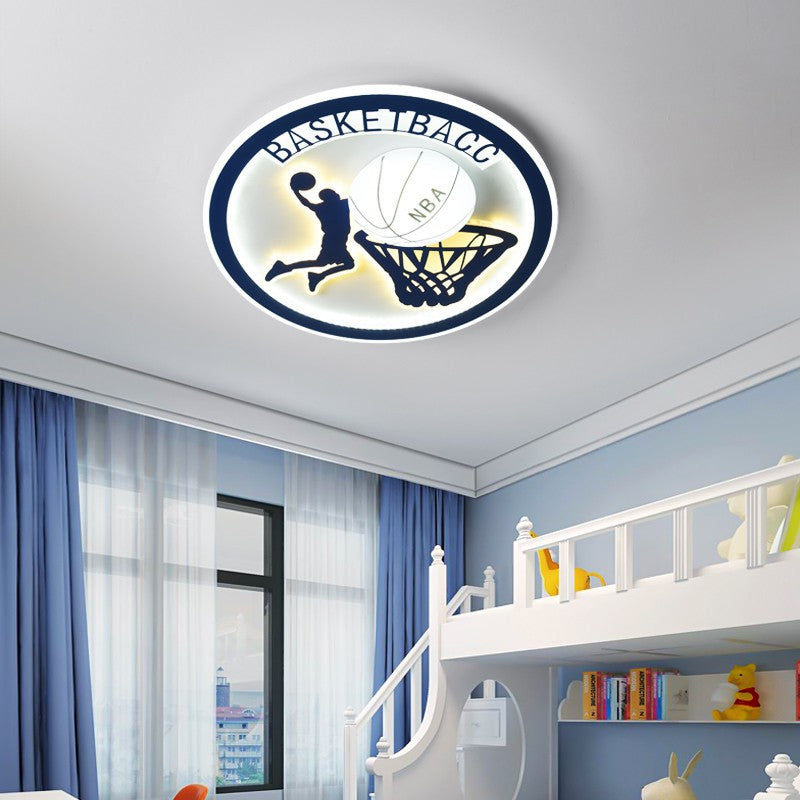 Contemporary Creative Kids Round Basketball Football Iron Acrylic LED Flush Mount Ceiling Light for Bedroom Playroom Sports Decor Kids Lighting Fixture Top Rated Children’s Room Ceiling Lamp