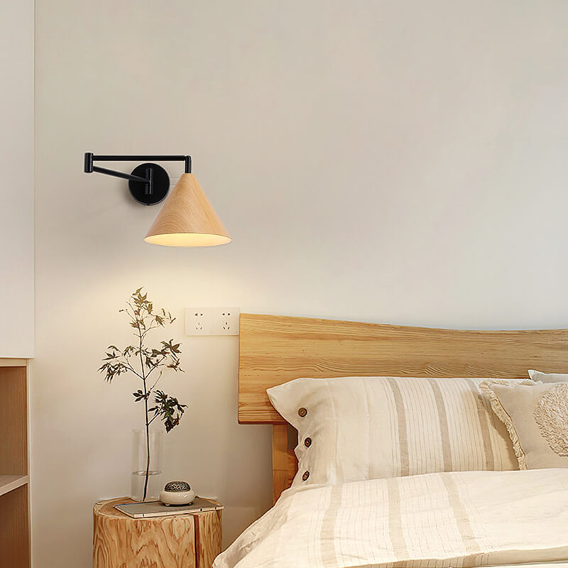 Contemporary Nordic Cone Swing Arm Wall Sconce - Wood Grain Iron 1-Light Lamp for Bedroom
