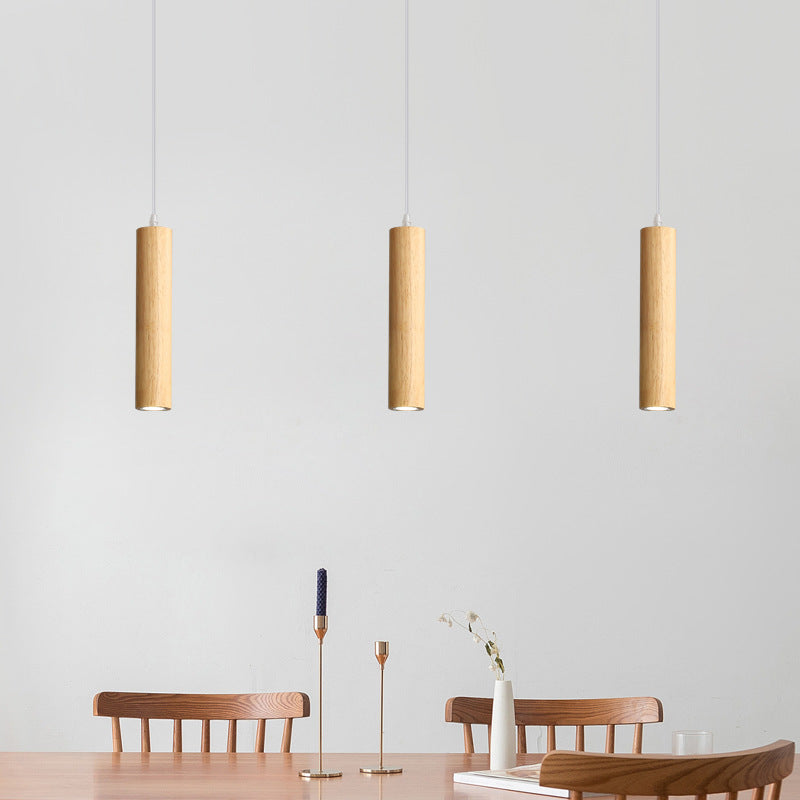 Modern Minimalist Rubberwood Cylinder LED Pendant Light for Bedroom