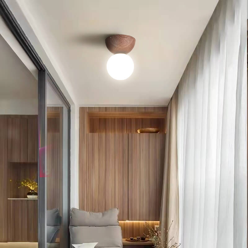 Japanese Minimalist Wood Grain Round Flush Mount Ceiling Light - 1-Light Glass Fixture