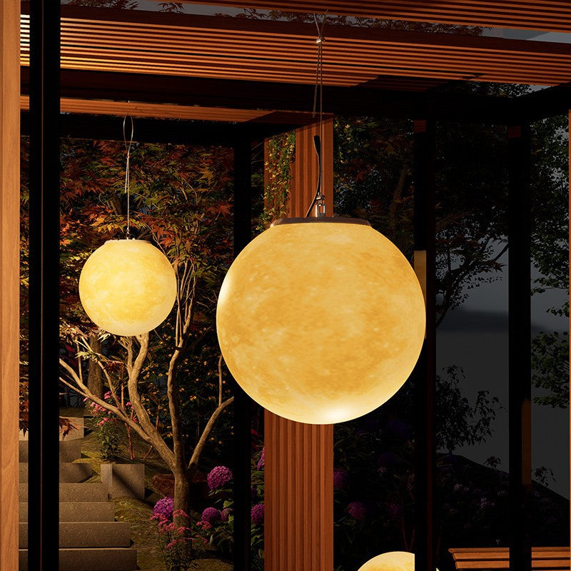 Contemporary Nordic Solar Waterproof PE Resin Round Moon LED Pendant Light for Outdoor Patio
