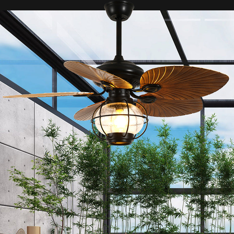 Traditional Rustic Lantern Ceiling Fan Light - Banana Shaped Iron & Glass 1-Light, Downrod Style for Living Room