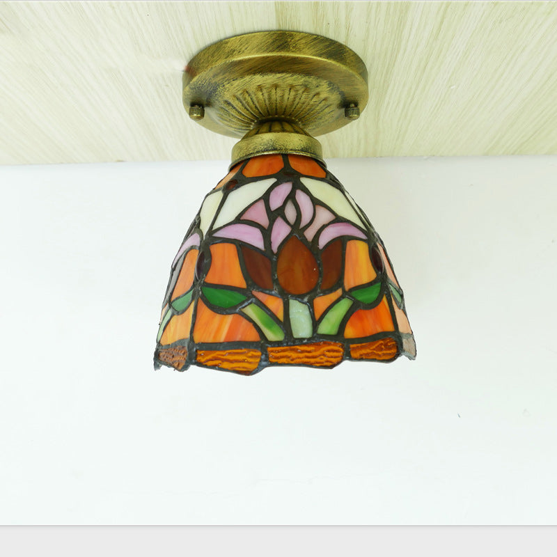 Traditional Tiffany Tulip Stained Glass Ceiling Light - Iron Dome 1-Light Semi-Flush Mount for Living Room