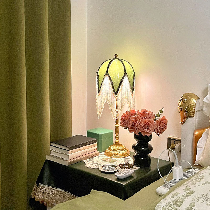 Traditional French Tassel Leaf Iron Fabric 1-Light Table Lamp for Bedroom, Elegant Decorative Lighting, Vintage Style Nightstand Lamp, Home Interior Design, Bedroom Essentials, Classic Iron Lamp with Shade, Decorative Tassel Design, Stylish Ambient Lighti