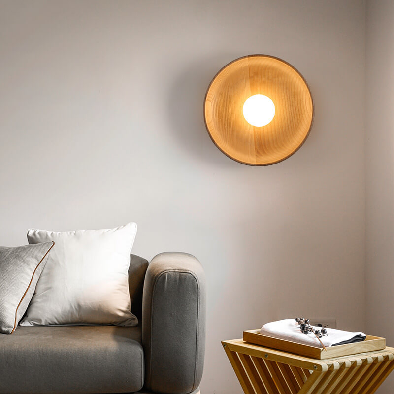 Modern Minimalist Round Wood Wall Sconce Lamp - 1-Light Design, Rustic Home Lighting, Elegant Fixture for Living Room, Bedroom, and Hallway