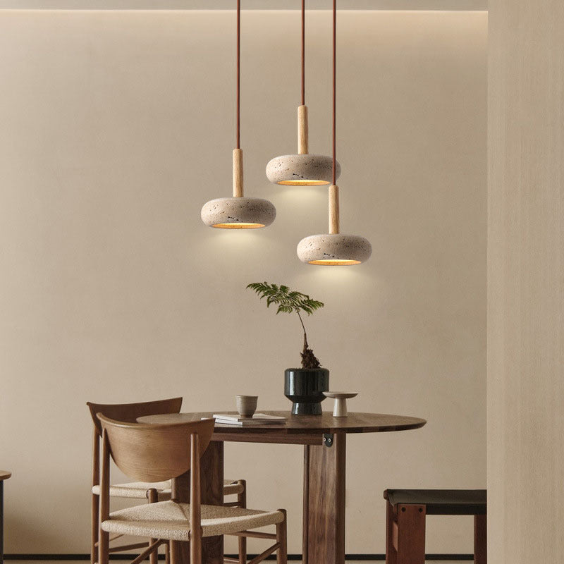 Contemporary Scandinavian Oval Solid Wood Yellow Travertine LED Pendant Light for Living Room