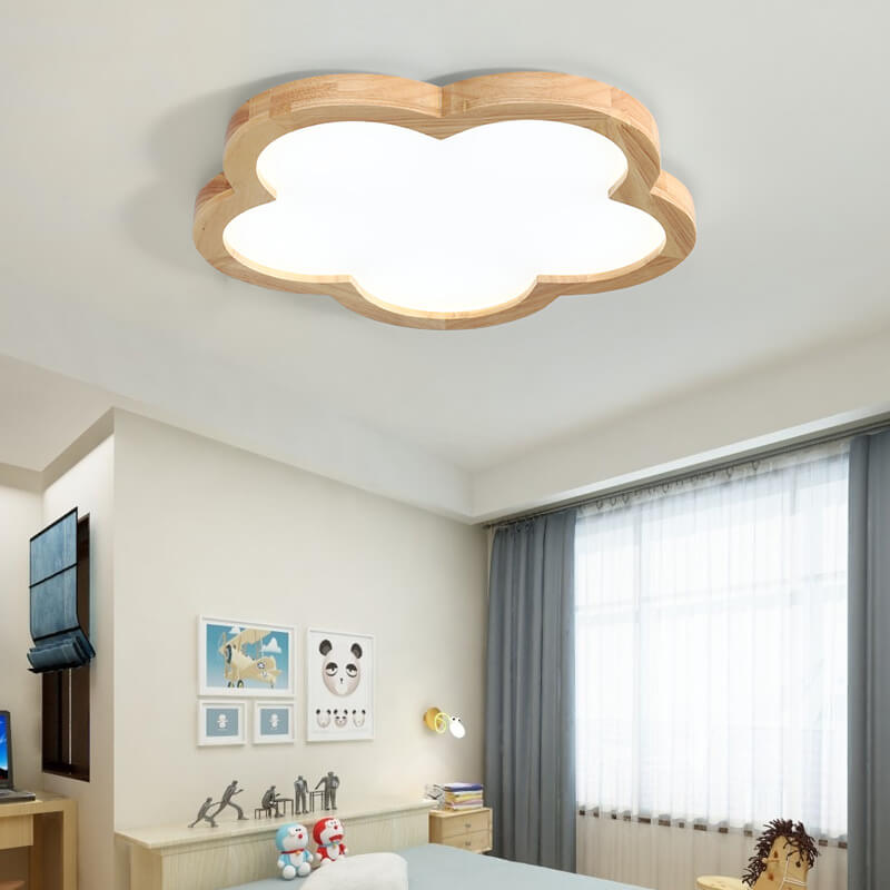 Nordic Simple Solid Wood Flower LED Slim Kids Flush Mount Ceiling Light Fixture, Cute Kids Room Lighting, Sky Blue and White Nursery Light, Modern Children's Ceiling Lamp, Energy Efficient LED Kids Decor Lighting