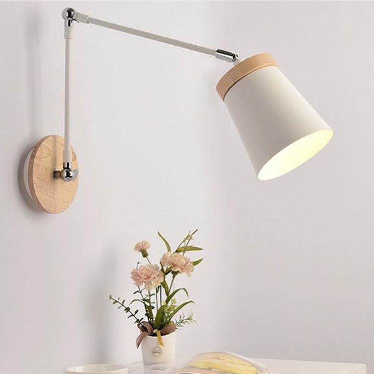 Contemporary Scandinavian Wood & Iron Cylinder Wall Sconce Lamp for Bedroom