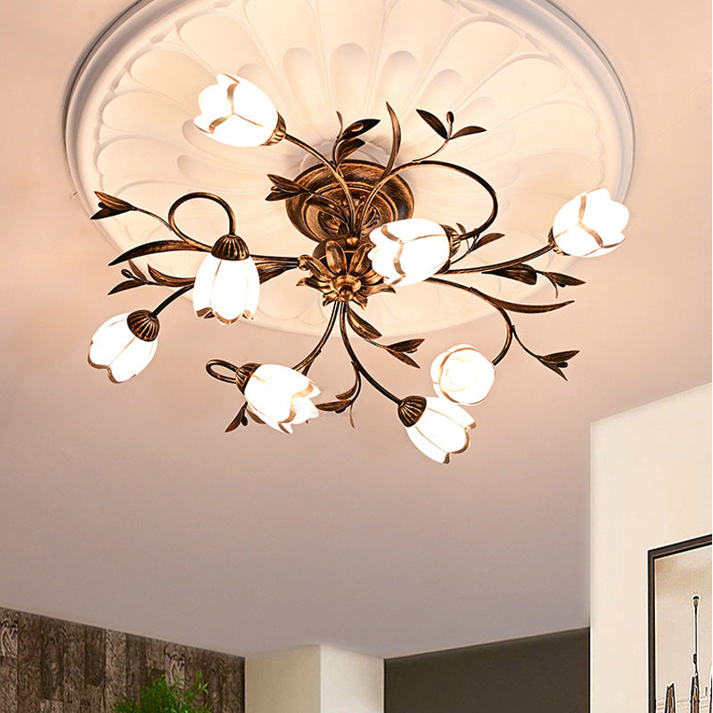 Traditional French Flower Shaped Iron Glass Semi-Flush Mount Ceiling Light for Bedroom - 4/6/8/10/12 Lights