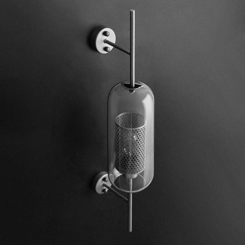 Contemporary Industrial Cylinder Glass Shade Wall Sconce - Iron Finish 1-Light Lamp for Bedroom