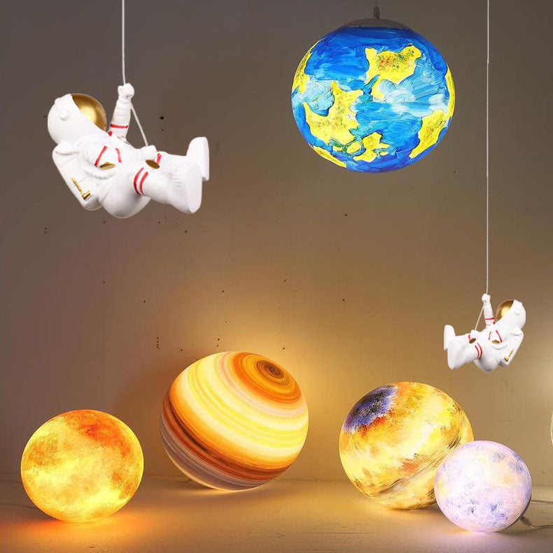 Modern Minimalist Acrylic Iron Astronaut Moon LED Pendant Light for Kids Room, Bedroom, Living Room Decor, Unique Space Themed Lighting, Stylish Nursery Light Fixture