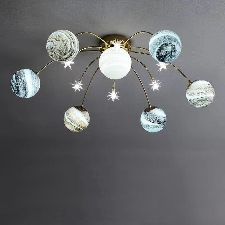 Contemporary Nordic Kids Planet Ball Ceiling Light - 13-Light Semi-Flush Mount for Bedroom