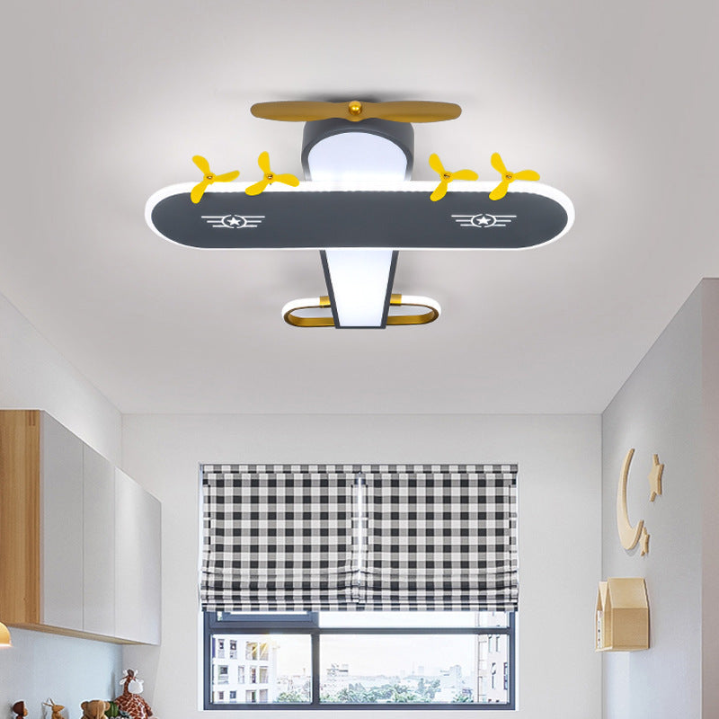 Contemporary Creative Kids Airplane Iron LED Flush Mount Ceiling Light for Bedroom, Unique Children's Room Lighting, Airplane Decor for Kids, Modern Flush Mount Light Fixture, Ceiling Light for Playroom, Airplane Themed Kids Light, Safe LED Ceiling Light