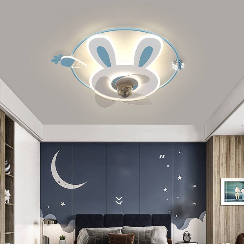 Cartoon Creative Bunny Carrot LED Flush Mount Ceiling Fan Light for Kids Room, Playroom, Nursery, Childrens Ceiling Fan Light Fixture, Cute Bunny Design, Energy Efficient LED Lighting, Adjustable Brightness, Modern Ceiling Fan Light for Kids Decor