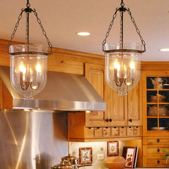 Rustic Round Glass Bucket Iron Candelabra 3-Light Chandelier for Living Room