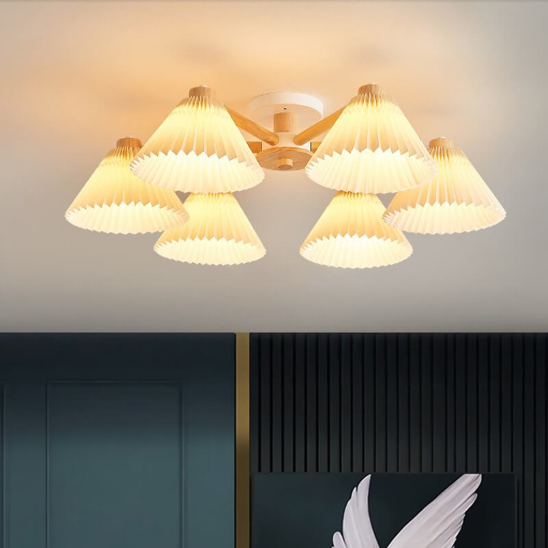 Nordic Wood Pleated Shade Semi-Flush Mount Ceiling Light - 3/6/8 Light Options for Modern Home Decor
