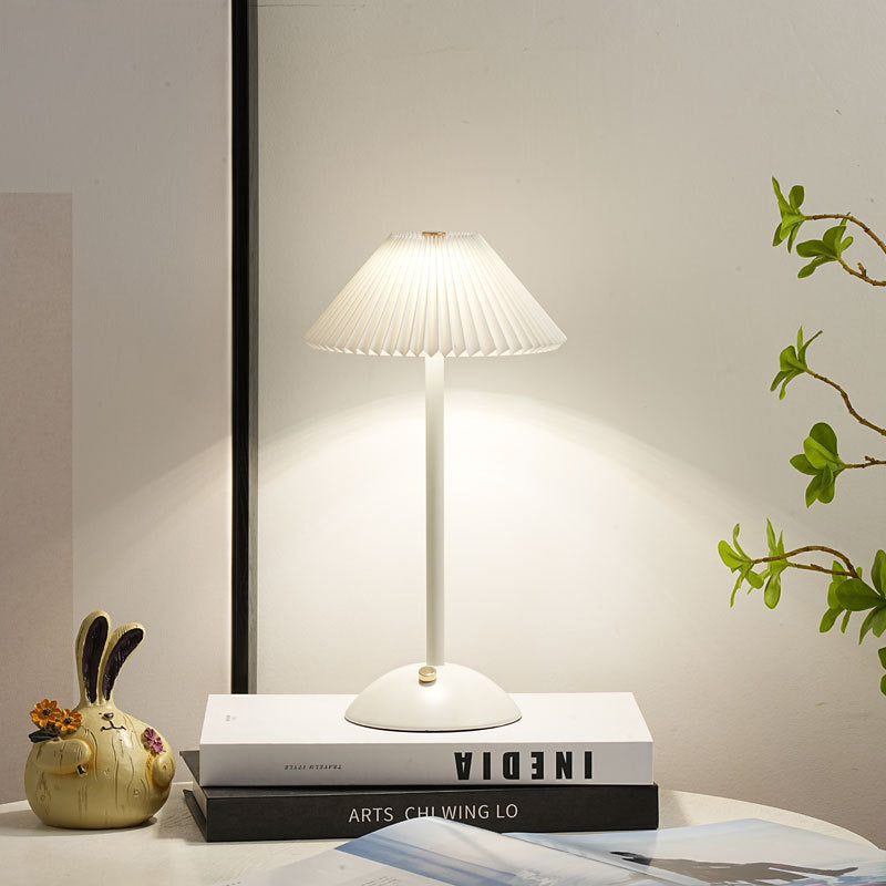 Contemporary Scandinavian Rechargeable Conic Pleated Table Lamp for Bedside