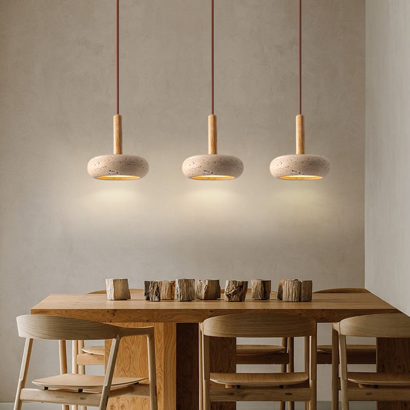 Traditional Japanese Round Wood Yellow Travertine LED Pendant Light for Bedroom