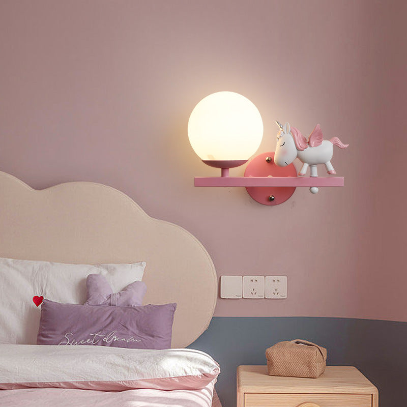 Contemporary Girls Unicorn Orb Resin Iron Glass 1-Light Wall Sconce Lamp for Bedroom Home Decor Fantasy Lighting, Kids Room Unicorn Decor, Unique Wall Light Fixture, Playful Nursery Illumination, Magical Bedroom Accessories