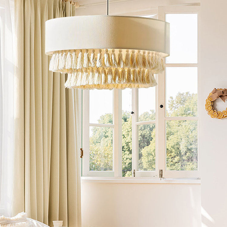 Contemporary Boho 3-Light Chandelier - Fabric Shade with Tassel & Braided Rope for Living Room