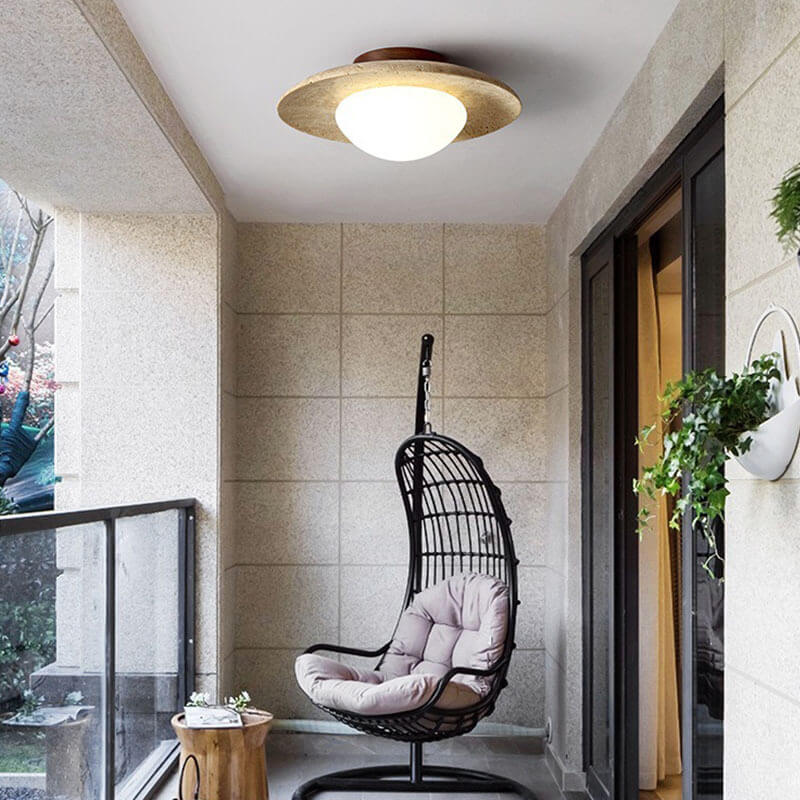 Japanese Minimalist Round Yellow Travertine 1-Light Semi-Flush Mount Ceiling Light
