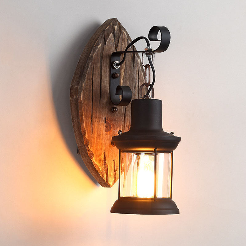 Traditional Farmhouse Wood Disc Wall Sconce - 1-Light Iron Shade Lamp for Dining Room
