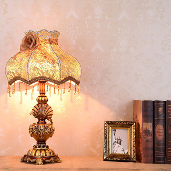 European Vintage Fabric Tassel Resin Court 1-Light Table Lamp – Elegant Home Decor Lighting, Vintage Table Lamp, Fabric Shade Lamp, Boho Chic Decor, Rustic Resin Lamp, Indoor Lighting, Stylish Bedroom Accent, Antique Design, Unique Living Room Lamp, Decor