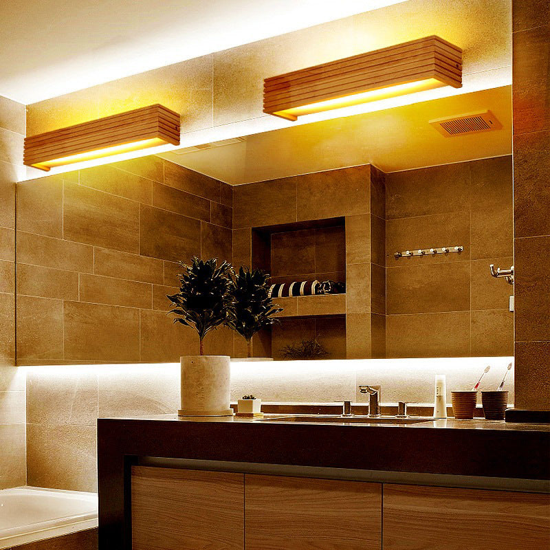 Traditional Chinese Striped Wood LED Vanity Mirror Sconce Lamp for Bathroom