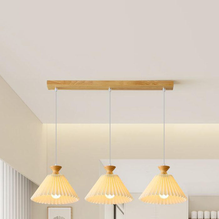 Traditional Japanese Rubberwood Pleated Cone Island Chandelier for Living Room
