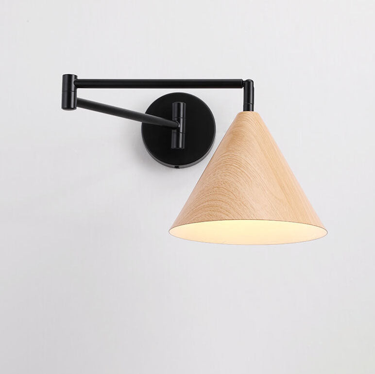 Contemporary Nordic Cone Swing Arm Wall Sconce Lamp - Wood Grain Iron 1-Light for Bedroom