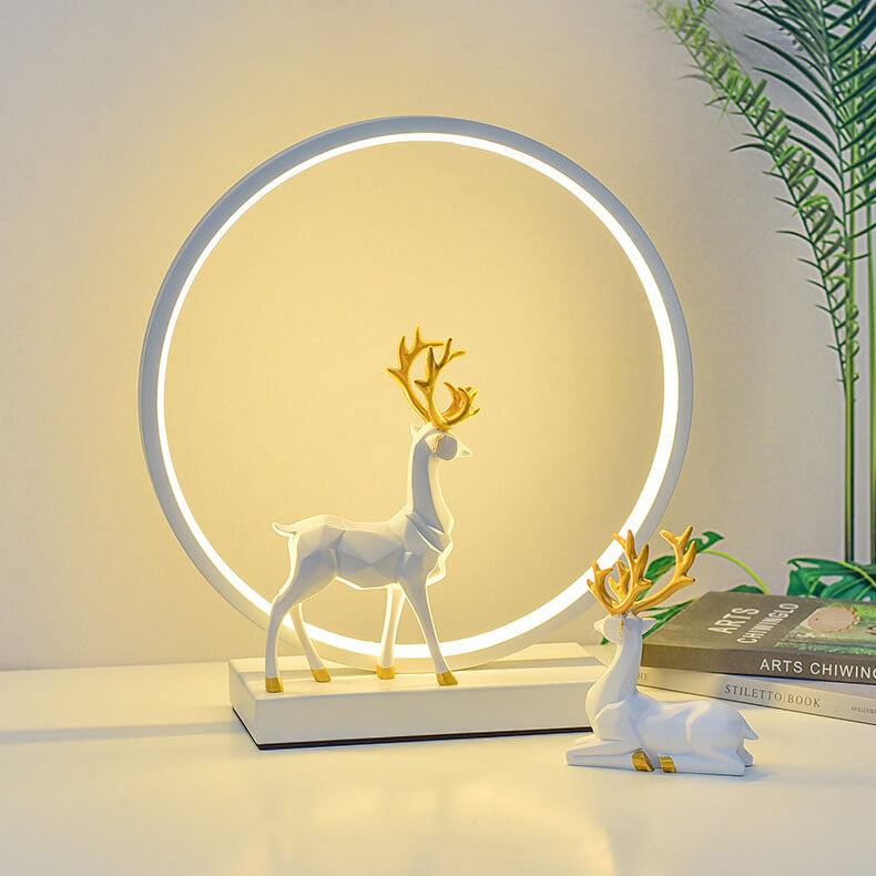 Contemporary Nordic Iron Acrylic Circle Deer USB Plug-in LED Night Light Table Lamp for Bedroom, Modern Decorative Lighting, Unique Home Decor, Soft Warm White Glow, Rechargeable Bedroom Lamp, Elegant Nightstand Light, Creative Gift for Kids and Adults, S