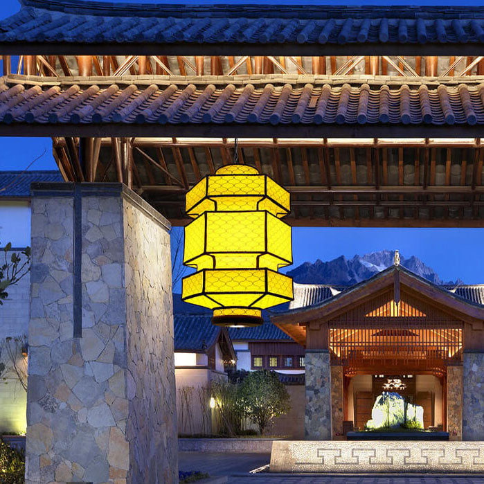 Chinese Retro Hexagonal Faux Sheepskin Pendant Light - 1-Light Iron Fixture