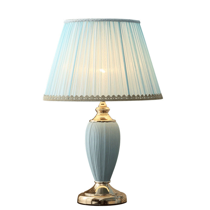 Traditional Pleated Fabric Shade Ceramic Column Base Table Lamp - 1-Light Study Lamp