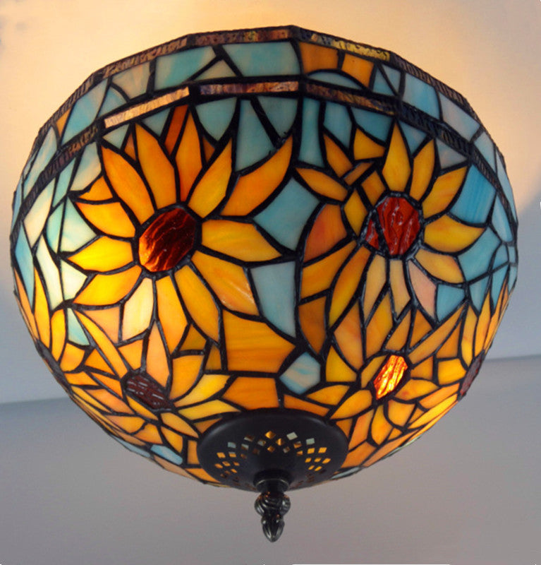 Traditional Tiffany Dome Sunflower Iron Glass Semi-Flush Mount Light - 2-Light Fixture for Hallway