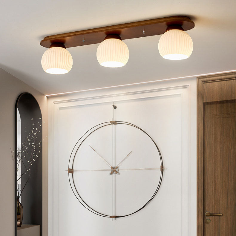 Traditional Japanese Striped Glass Wood Long Plate Flush Mount Ceiling Light