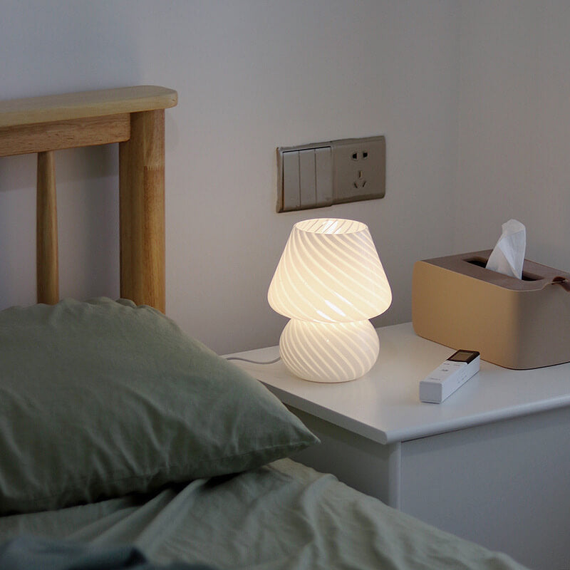 Modern Minimalist Striped Mushroom Glass 1-Light Table Lamp, Contemporary Home Decor Lamp, Stylish Nightstand Lighting, Unique Accent Light, Vintage Inspired Room Design, Eco-Friendly Design, Adjustable Brightness Table Light, Chic Office or Bedroom Illum