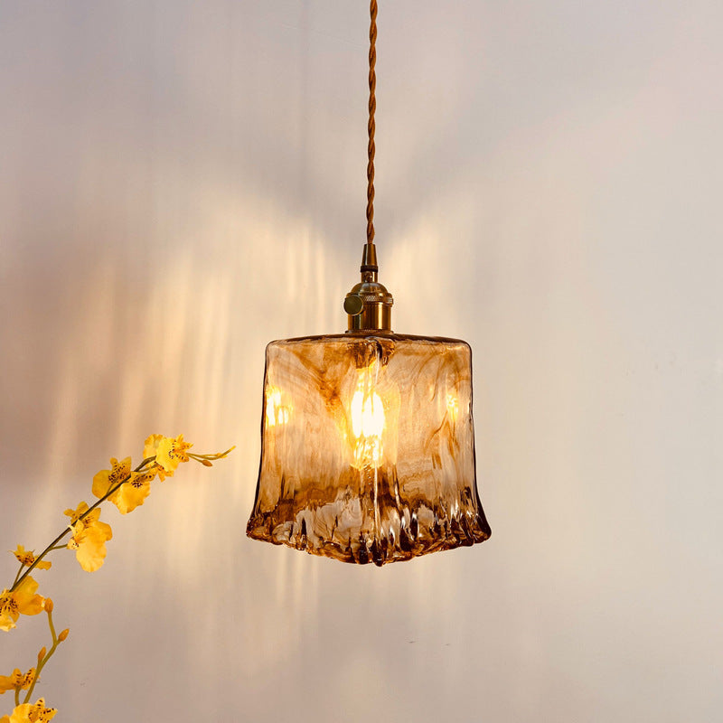 Vintage Amber Glass Brass Pendant Light 1-Light Ceiling Fixture