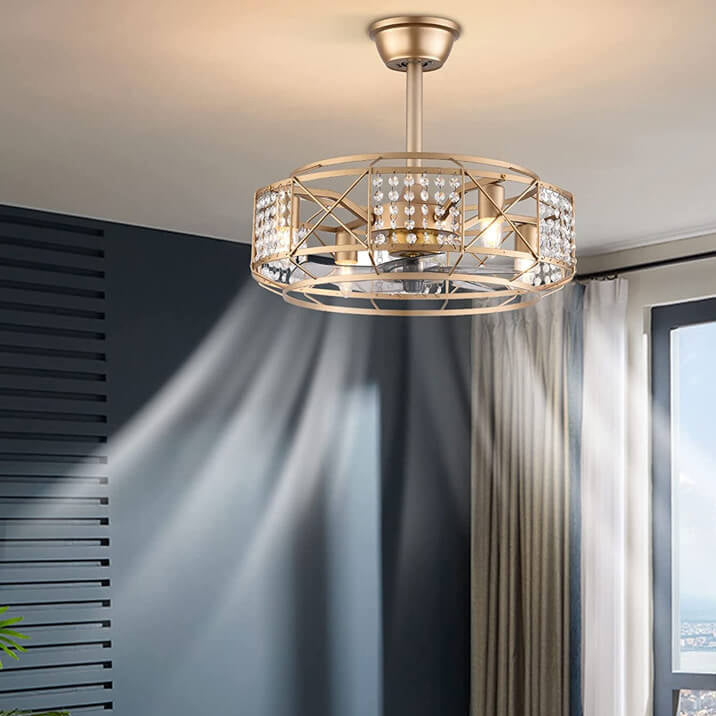 Modern Luxury Gold Drum Crystal 4-Light Ceiling Fan with Downrods