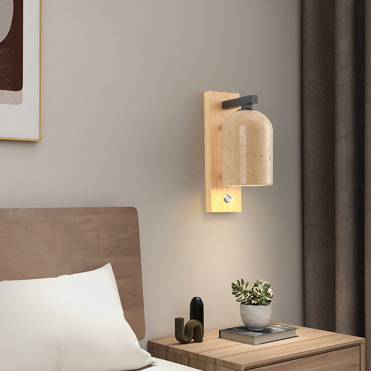 Traditional Japanese Yellow Travertine Wall Sconce Lamp - Solid Wood Base, 1-Light Design for Bedroom