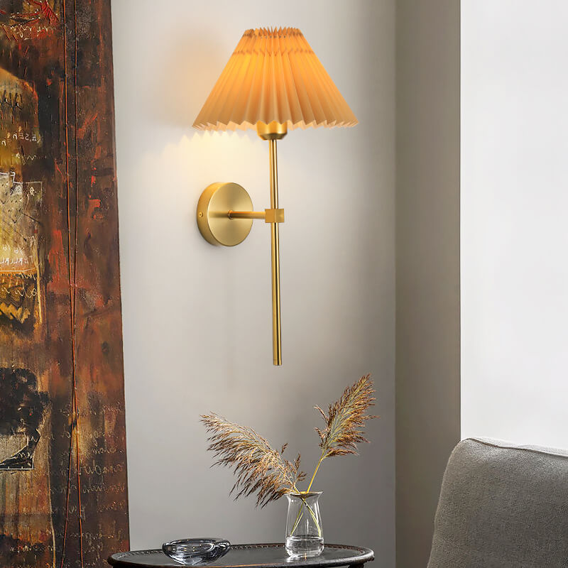 Vintage Pleated Fabric Shade Wall Sconce Lamp - 1-Light Straight Arm, Retro Lighting, Home Decor