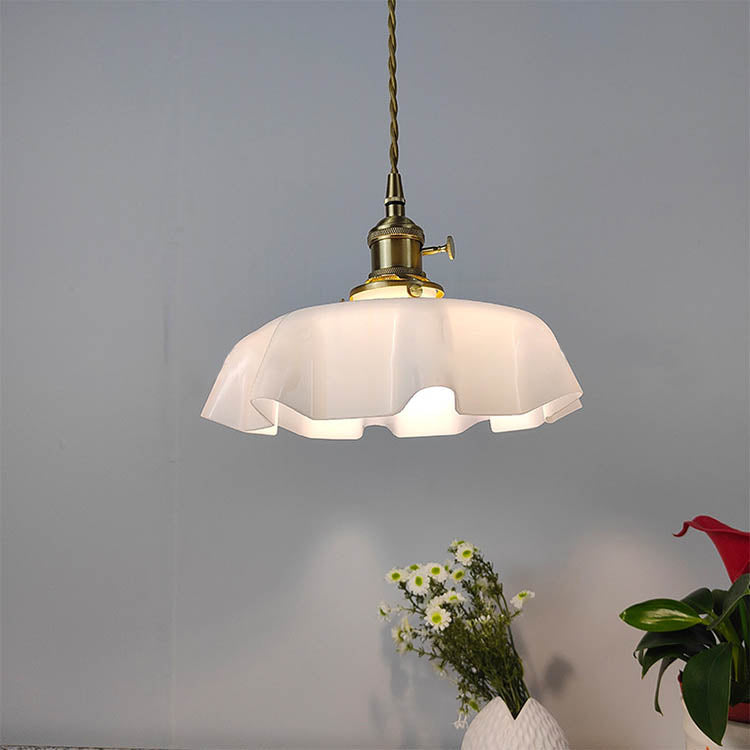 Traditional Japanese Cream Petal Glass Iron Pendant Light for Dining Room