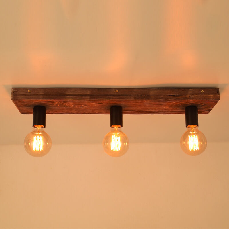 Retro Solid Wood 3-Light Flush Mount Ceiling Light with Glass Lampshade