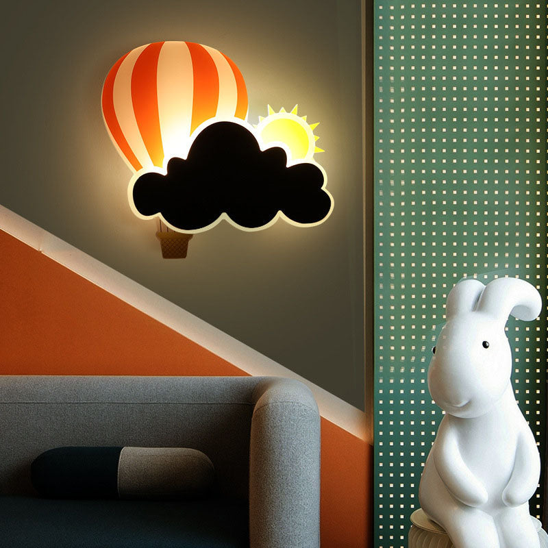 Contemporary Hot Air Balloon Clouds LED Wall Sconce Lamp for Kids Bedroom, Modern Iron Acrylic Wall Light, Cute Nursery Decor, Unique Children's Room Lighting, Cloud and Balloon Design Wall Lamp, Decorative Kids Room Lighting Fixture, Playful Bedroom Wall