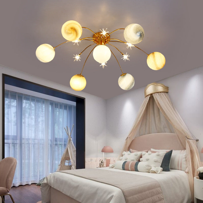 Contemporary Starry Sky 13-Light Semi-Flush Mount Ceiling Light for Bedroom, Iron and Glass Fixture, Modern Moon Design, Elegant Home Lighting