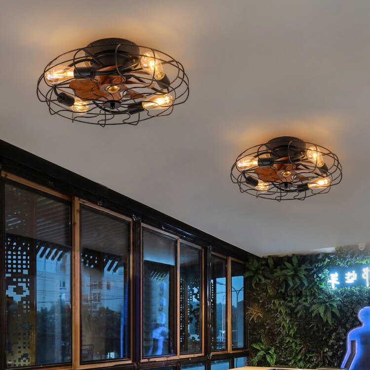 Contemporary Industrial Wood Grain Drum Cage Ceiling Fan Light - 3-Light Flush Mount for Living Room