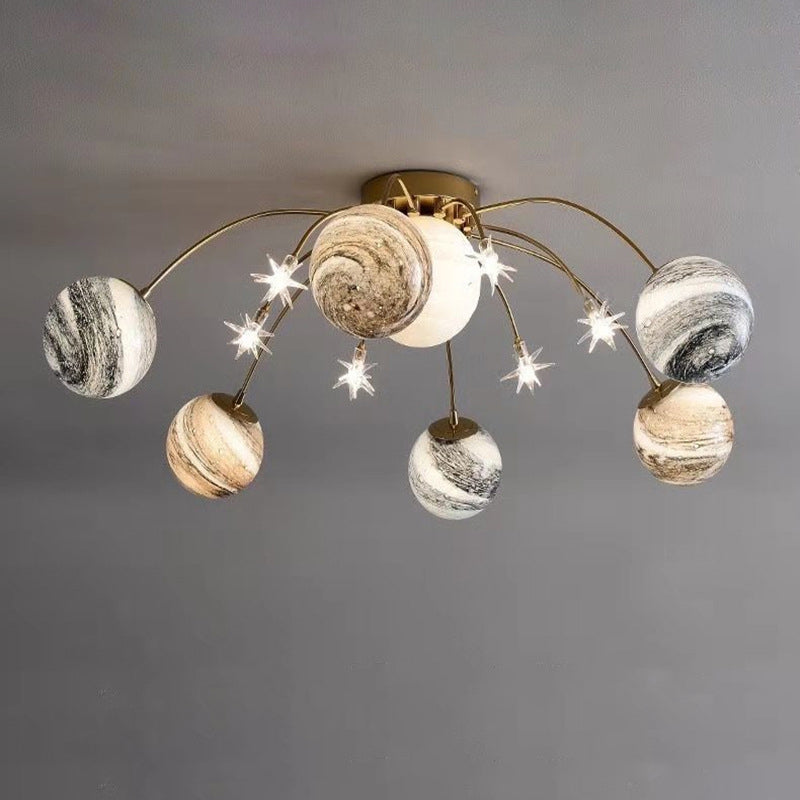 Contemporary Nordic Kids Iron Glass Ball Earth Planet 13-Light Semi-Flush Mount Ceiling Light, Stylish Bedroom Lighting Fixture, Modern Illuminated Globe Chandelier, Unique Starry Sky Decor for Children's Room, Eye-Catching Ceiling Lamp for Playroom and N