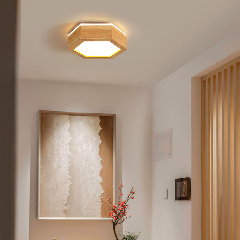 Modern Wooden Hexagonal LED Ceiling Light - Flush Mount Design